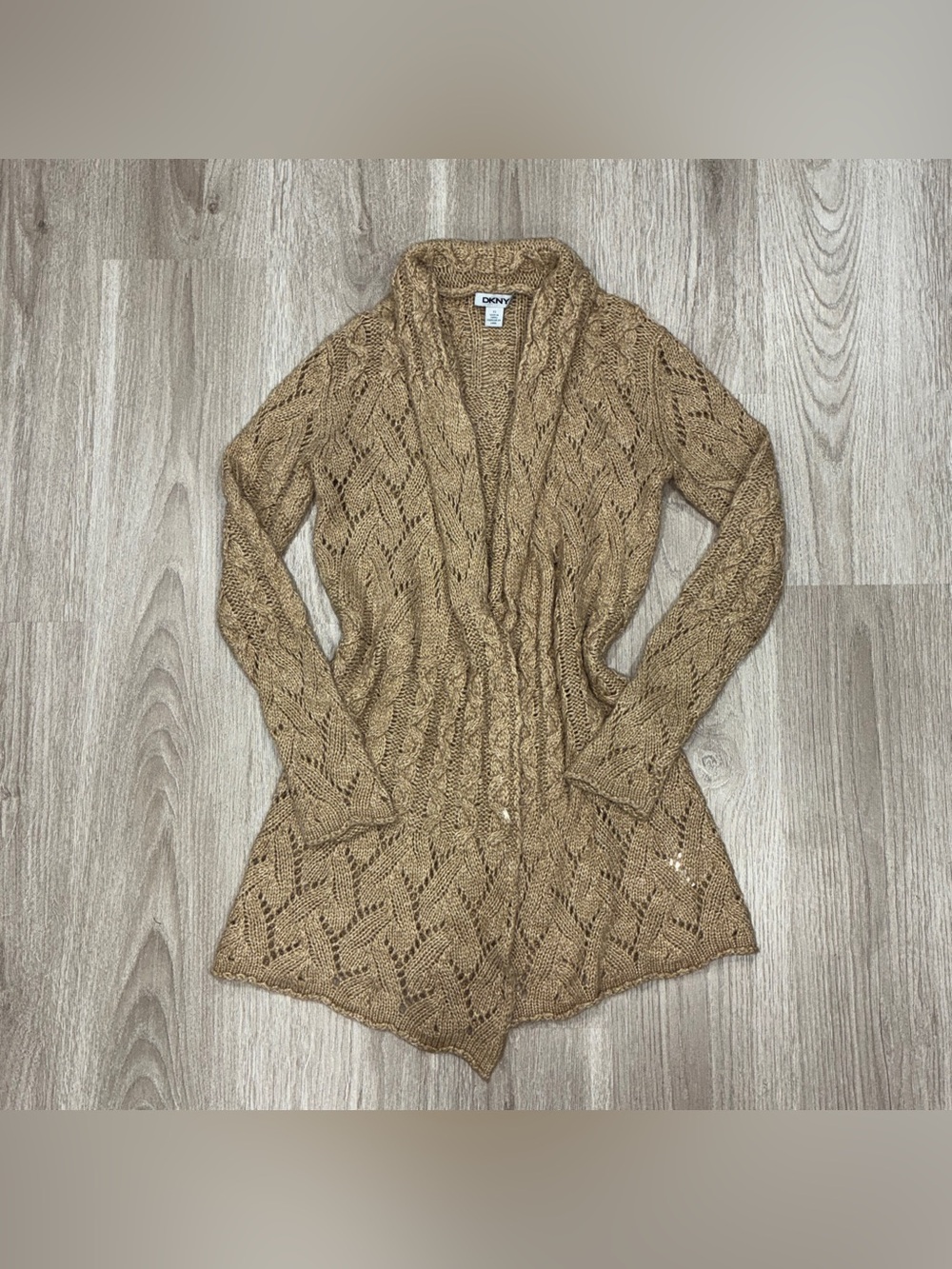DKNY Open Front Cable Knit
Cardigan Womens XS Tan Longline Sweater